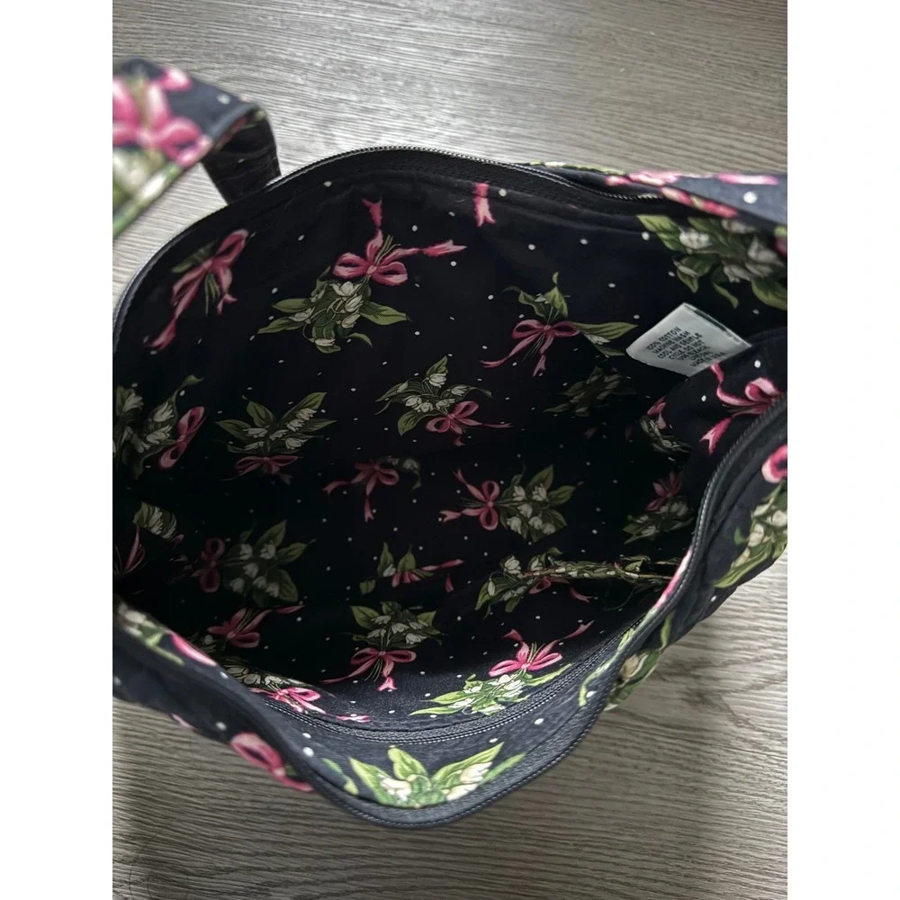 Vera Bradley Lily Bell Quilted Cotton Shoulder Bag Black Floral Pink Bows Hobo
